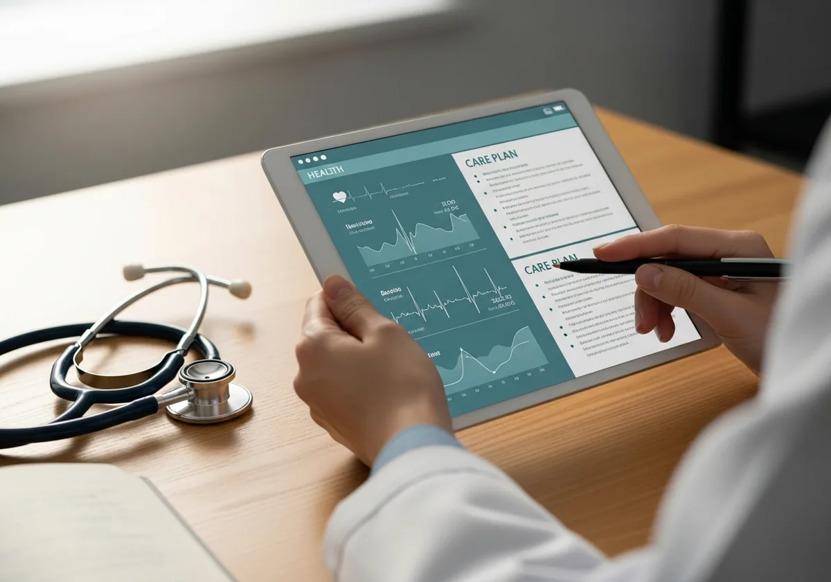 Clinician reviewing health metrics and a care plan